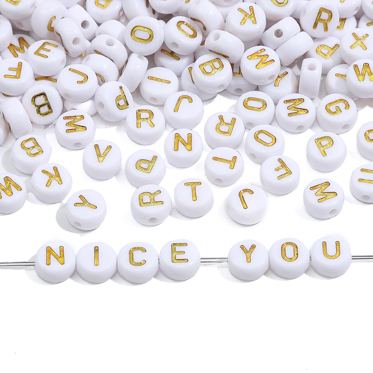 50Pcs 4x7mm White Flat Round Gold Color A-Z Alphabet Letter Acrylic Loose Spacer Beads For Jewelry Making Diy Bracelets Findings