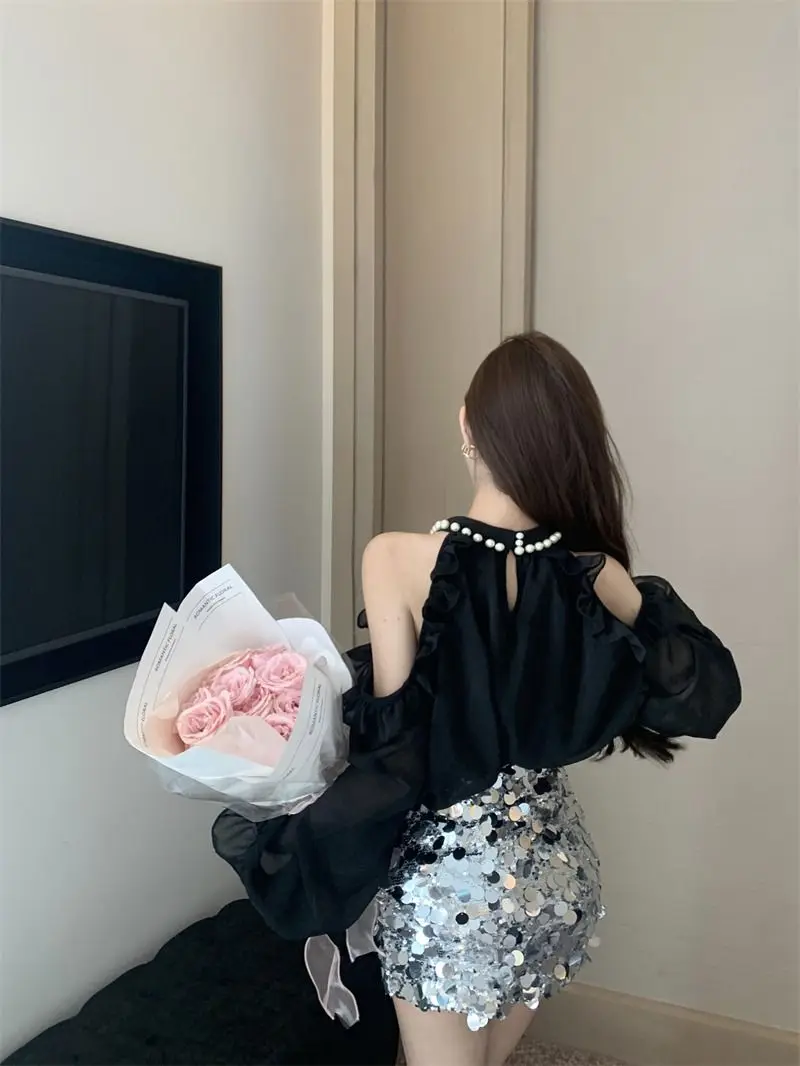 Off Shoulder Blouses Women Spring Halter Chiffon Long Sleeve Edible Tree Fungus French Style Elegant Ladies Temperament Tender