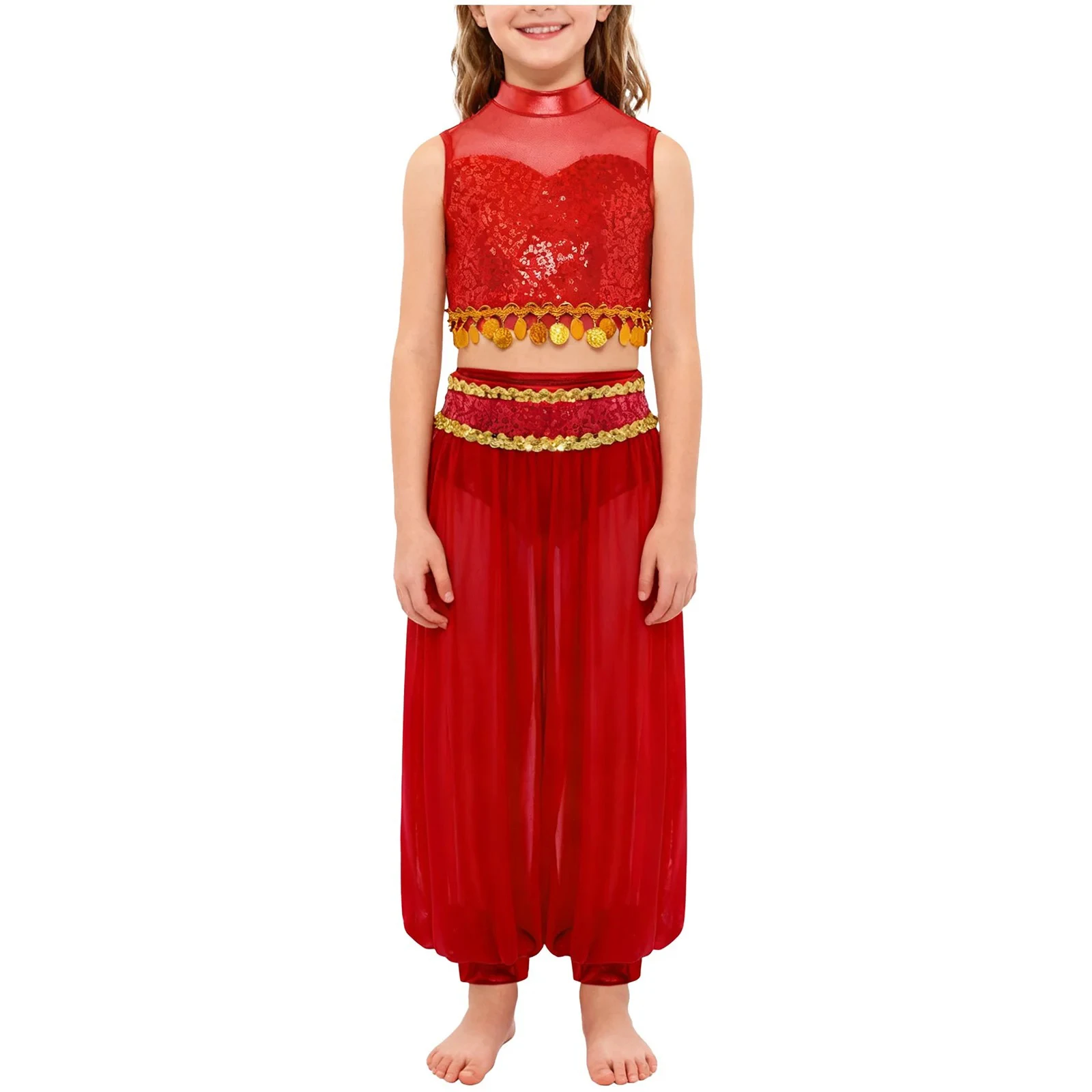 

2Pcs Kids Girls Belly Dance Outfit Jazz Indian Dance Costume Sleeveless Mesh Patchwork Shiny Sequin Crop Top with Bloomers Pants
