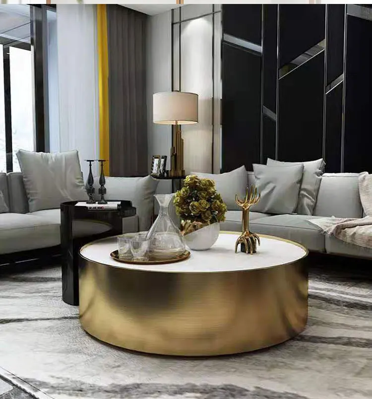 Modern minimalist golden set of high-end fashion small apartment round table light luxury stainless steel round marble coffee ta