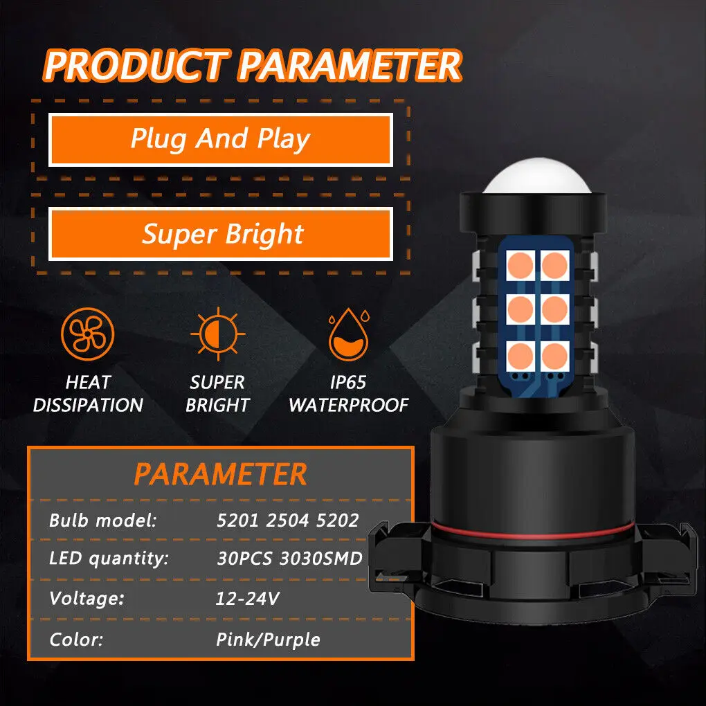 Winetis 2X 5202 H16 9009 Pink Purple LED Bulbs 3030 SMD Fog Driving Light Super Bright Daytime Running Lights