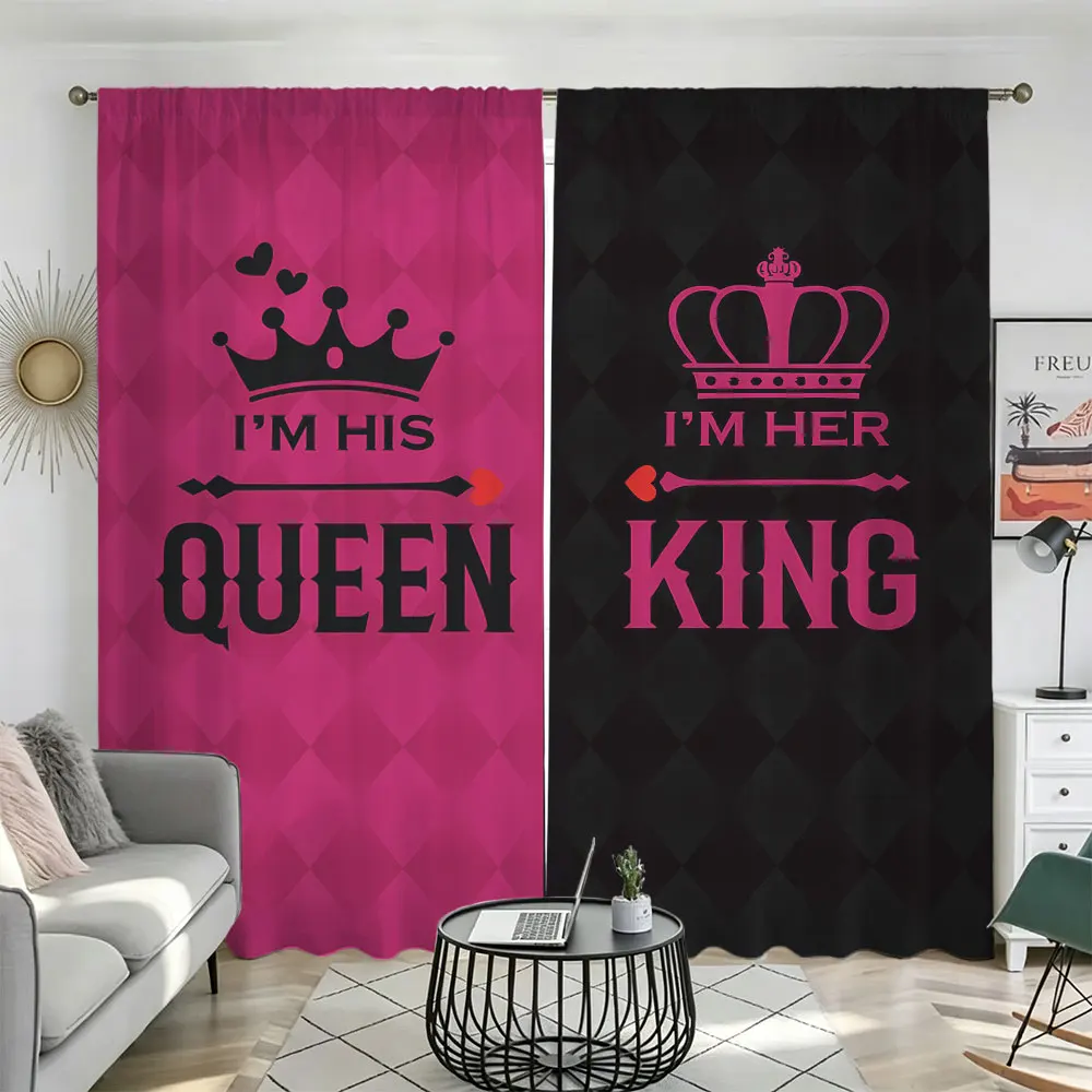 2pcs Color Blocking Queenking Print Pocket Pole Blackout Curtains Living Room Bedroom Home Privacy Decoration