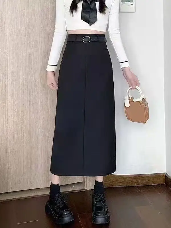 

Bla Suit High Waist A-Line Skirt Spring Summer Straight Cut Slit Casual Korean Sle plus Size Women's Skirts