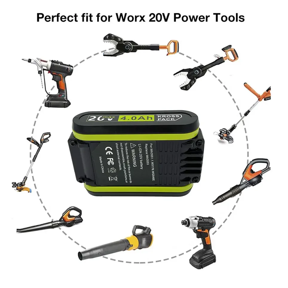 Worx New Power Tools Rechargeable Replacement Lithium Battery 20V 4000mAh for Worx WA3551 WA3553 WX390 WX176 WX178 WX386 WX678