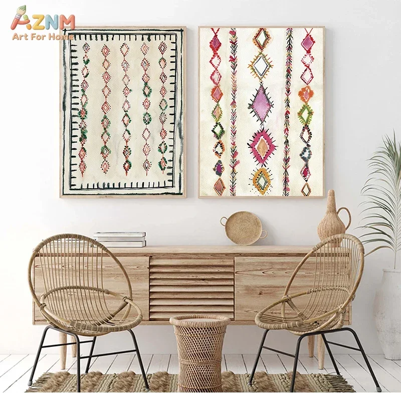 AZNM Boho Tribal Geometric Canvas Wall Art Ethnic Diamond Pattern Print Unframed Canvas Painting Bohemian Living Room Decor