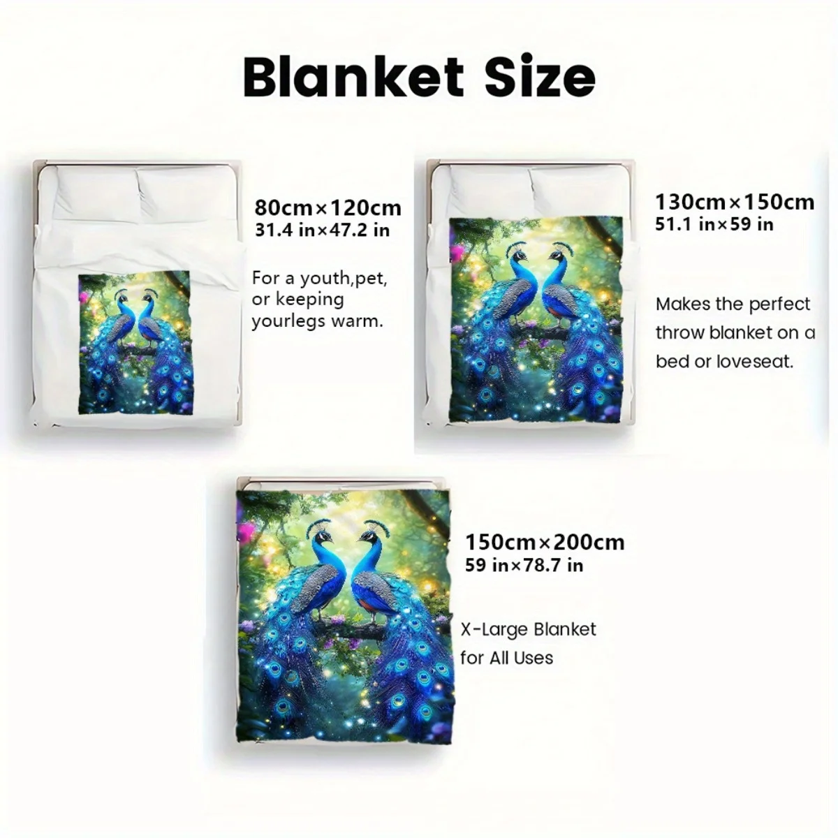 Custom Peacock Blanket Blue Feather Forest Design Personalized Name Fleece Throw All Season Soft Warm Bedding Home Decor Gift
