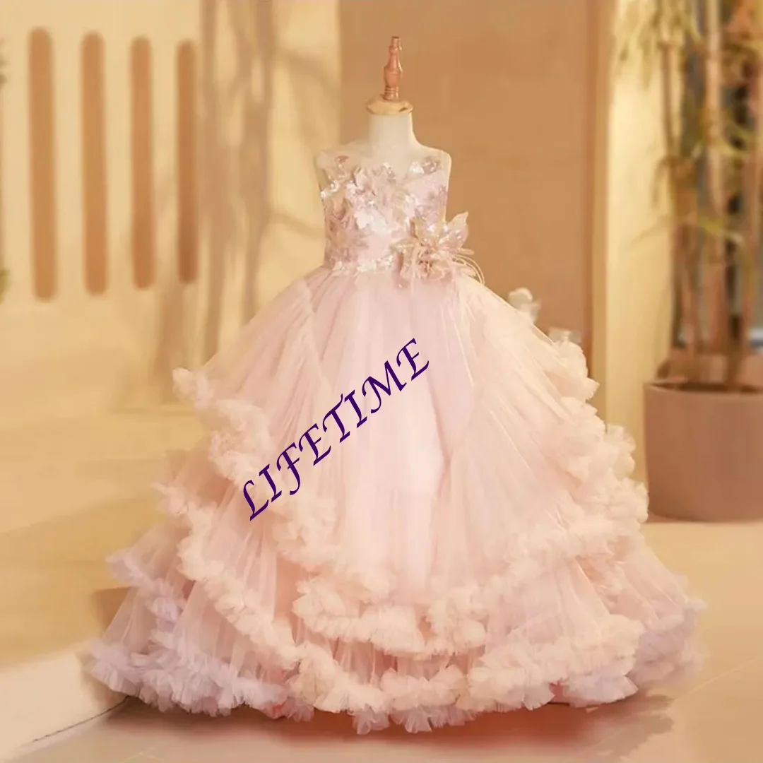 カスタマイズされた高級感あふれる花嫁介添えドレス、羽根飾り付きアラビアンプリンセス風キッズウェディング、誕生日パーティー、舞踏会、聖体拝領式用ガウン