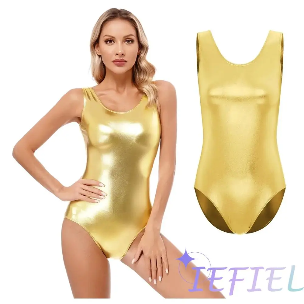 Women Shiny Athletic Activewear Leotard Bodysuit Sleeveless Bodycon Yoga Jumpsuit One-Piece Ballet Dancewear Pole Dancewear