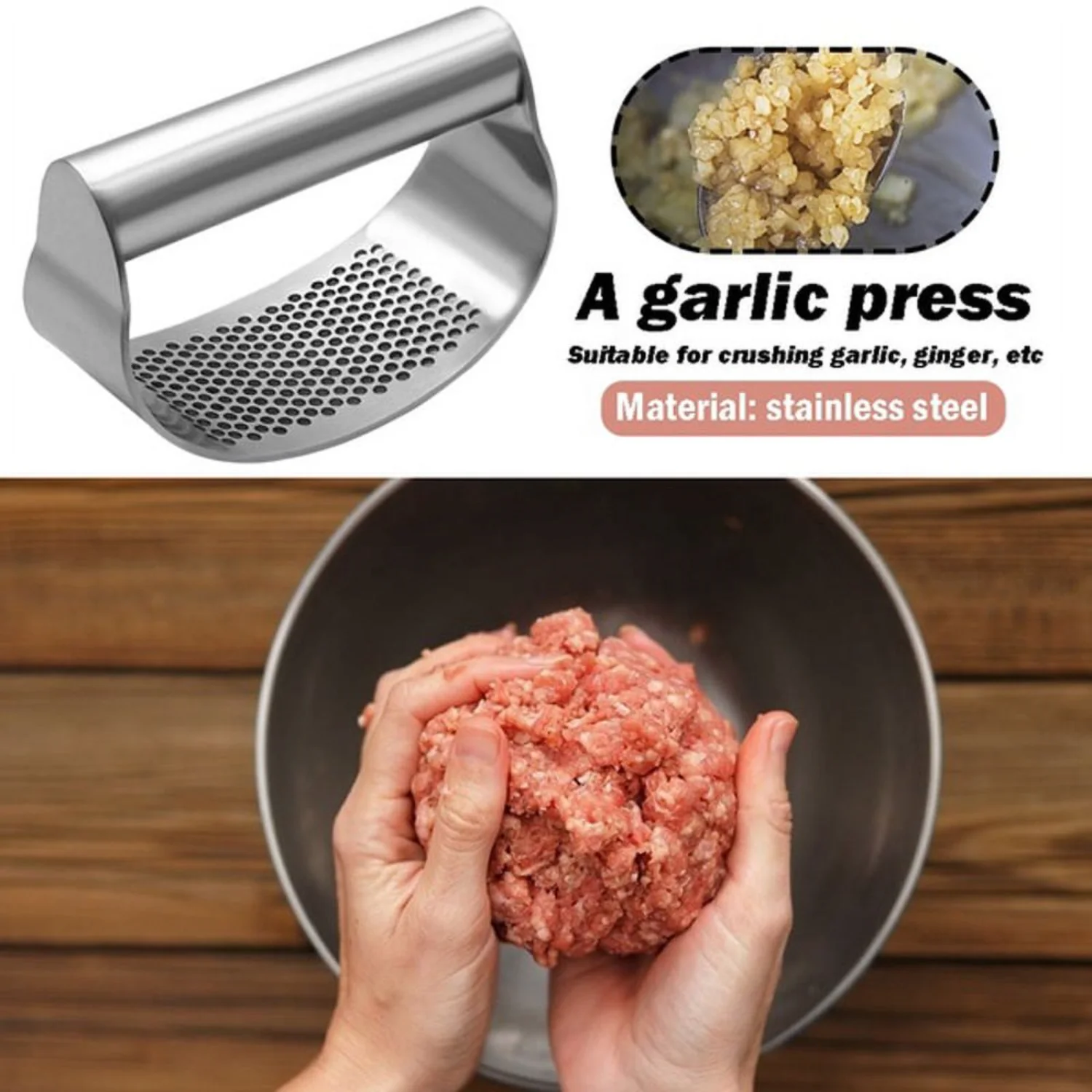 Stainless Steel Curved Garlic Press Crusher Masher - Newce Garlic Chopper Mincer