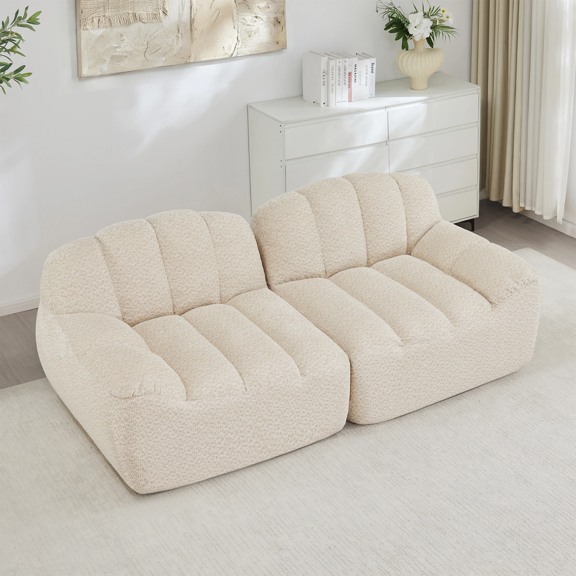 Sofá Modular de 2 Plazas sin Estructura con Otomana, Asiento Profundo, Forma Ergonómica, en Terciopelo Acanalado Beige Blanco
