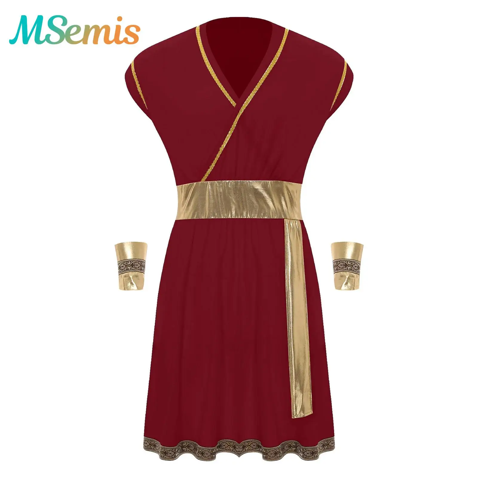 

Mens Ancient Greek Roman Metallic Dress Robe with Cuffs King Prince Cosplay Costume Golden Braided Trimming Halloween Outfits