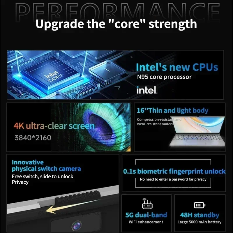 Ordenador portátil Intel N95 de 16 pulgadas, dispositivo con pantalla 4K HD de 2024 HZ, 32GB + 2TB, Windows 11 Pro, para oficina y juegos, desbloqueo por huella dactilar, novedad de 120