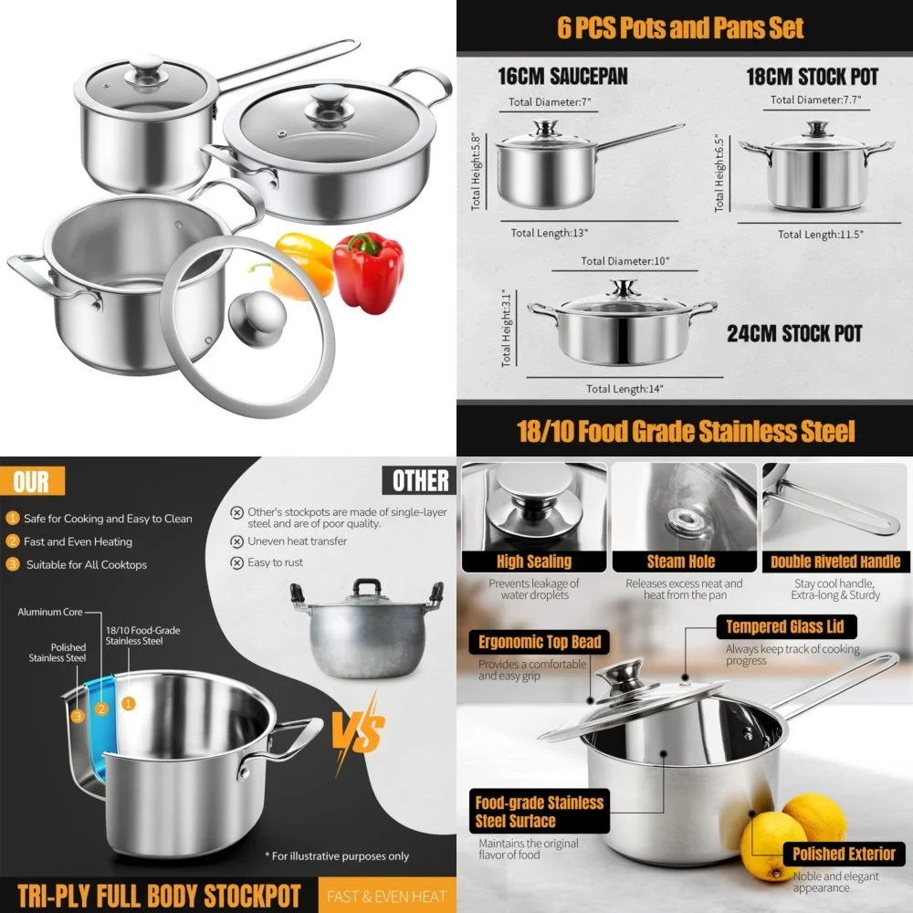 

Cookware Sets6 Piece Stainless Steel Non Stick Cookware Set for Induction and Gas Stoves Durable Kitchen Pots and Pans