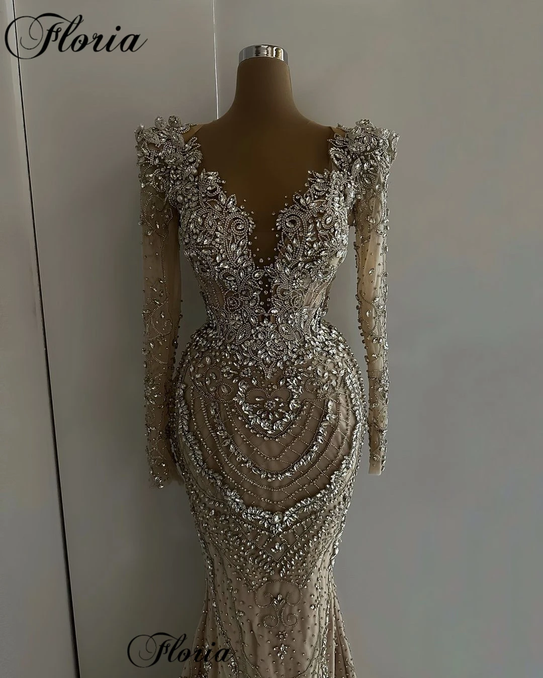 

Heavy Handmade Crystals Evening Dresses Mermaid Long Sleeves Formal Occasion Dresses High Luxury Robes De Soirée Celebrity Dress