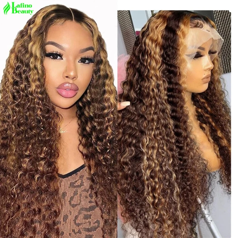 

Highlight Wig Human Hair Deep wave Frontal Wig Blonde Honey Brown Curly Human Hair Wigs water Wave Colored lace front wig