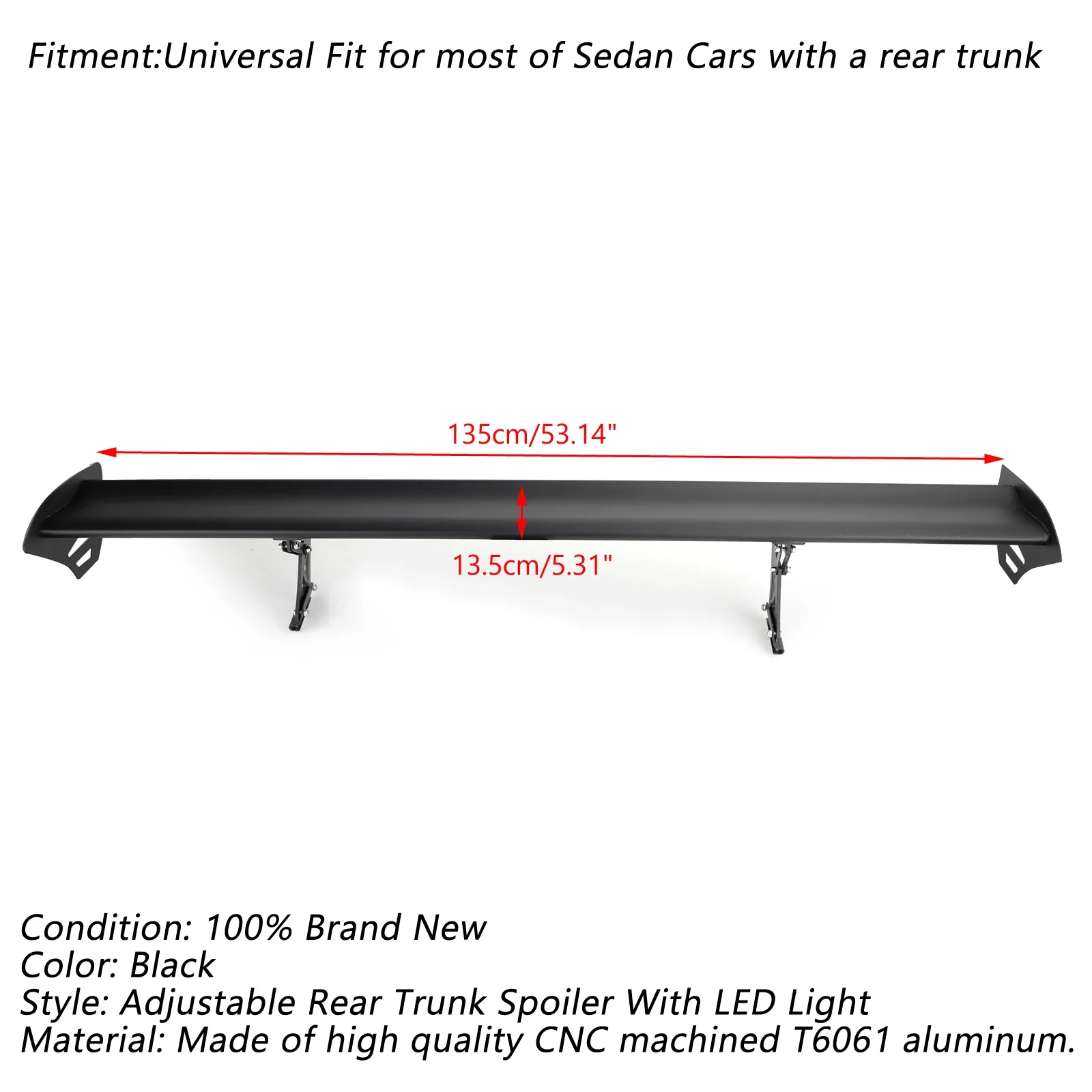 Areyourshop Universal Car Rear Trunk Wing Racing Spoiler Adjustable With LED Light For Sedan