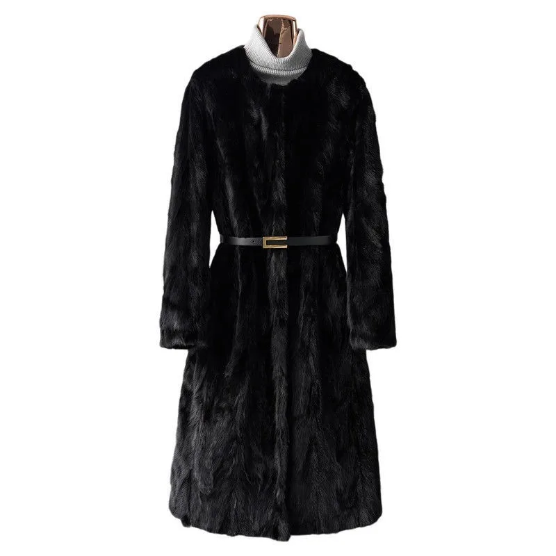 

In Stock 2025 Winter Real Mink Fur Coat Fur Patchwork Mink Long Style Round Neck Fur Jacket for Women