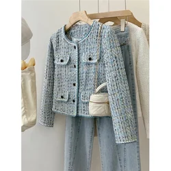 2024 Autumn Winter New Coat Advanced Sense Blue Tweed Woven Jacket Women French Temperament Outwear Small Fragrance Tops Female