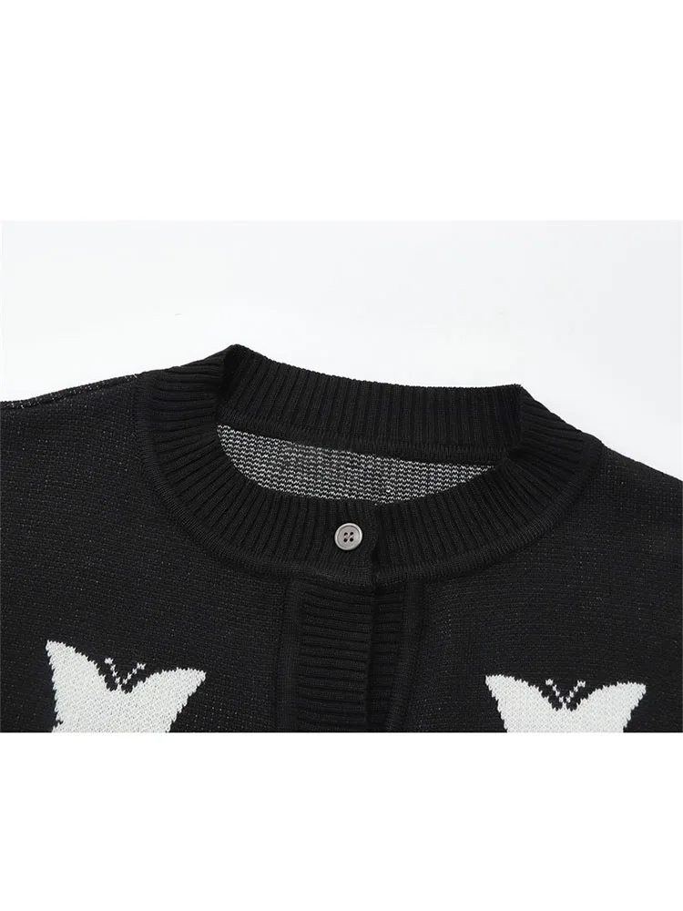 Korean Fashion Y2k Cardigan Women Butterfly Pattern Autumn Vintage Harajuku Long Sleeve Gothic Black Loose Casual Female Sweater