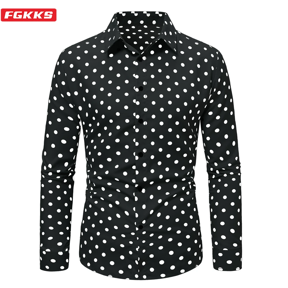 FGKKS 2023 New Brand Men\'s Polka Dot Shirts Long Sleeve Shirts Male Slim Fit Business Casual Floral Dress Man Shirt