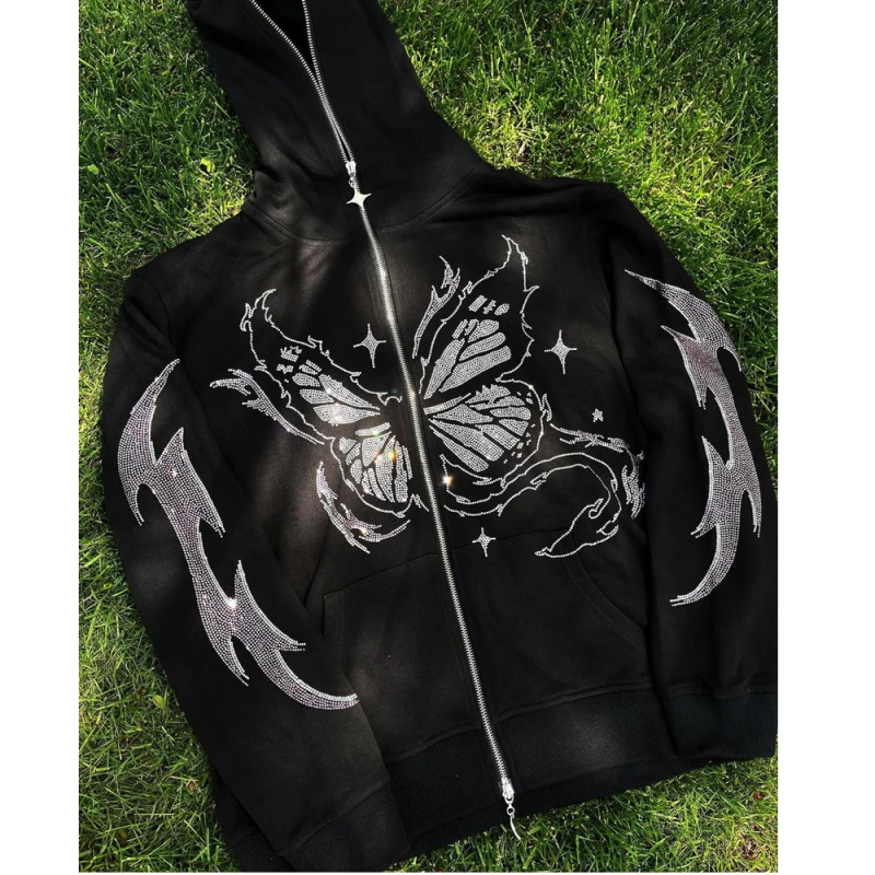 

Big Spider Web Rhinestones Butterfly Y2K Full Face Zipper Hoodies&Sweatshirt Oversized Gothic Men's Women's Streetwear Coat Tops