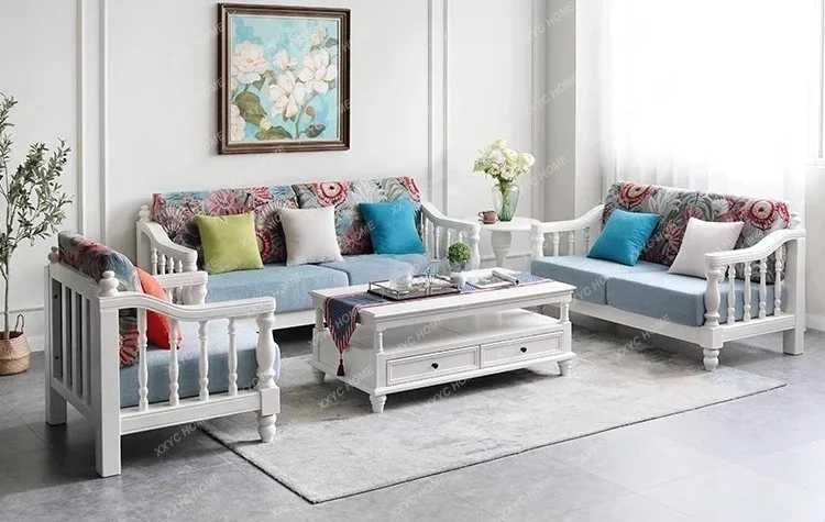 

L solid wood living room furniture rural pastoral small apartment fabric straight row sofa
