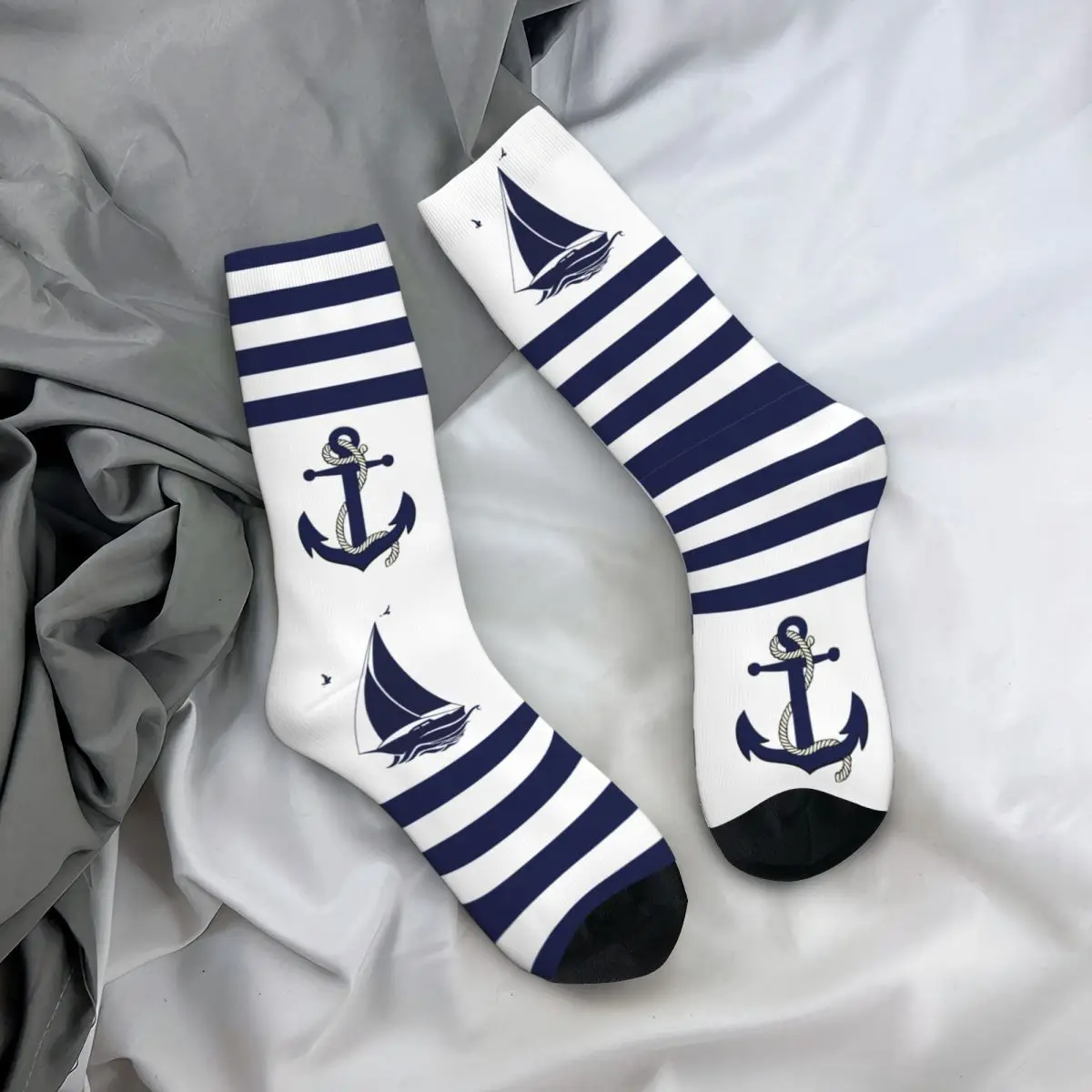 New Men's Socks Casual Nautical Navy Anchor Sailboat Navy Blue Stripe Sock Skateboard Women's Socks Spring Summer Autumn Winter