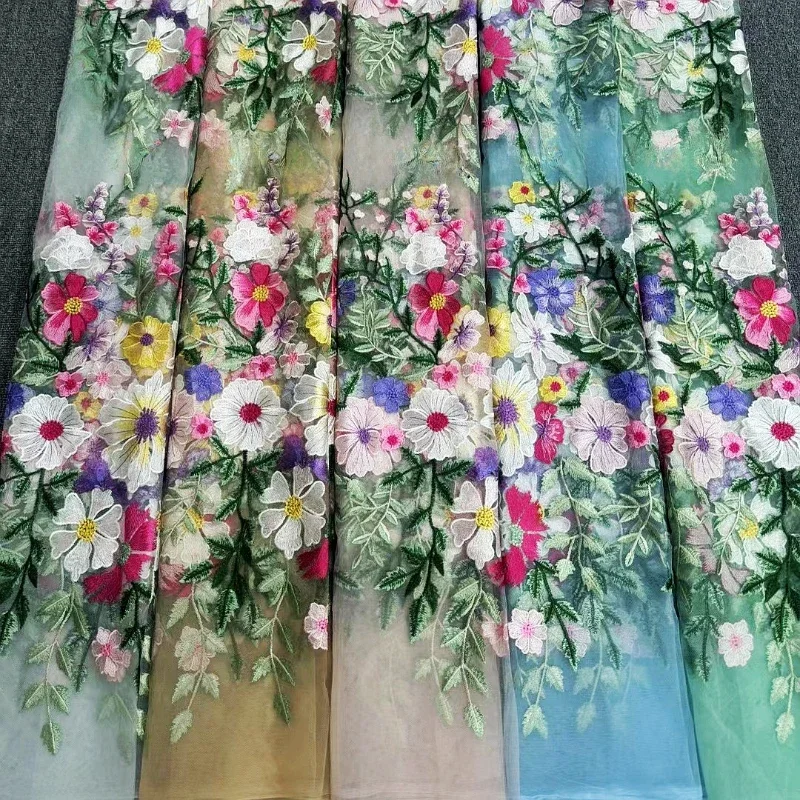 3D Floral Lace Embroidery Fabric Spring and Summer Mesh Semi Transparent Multi-color Exquisite Dress Fabric Wholesale By Yard