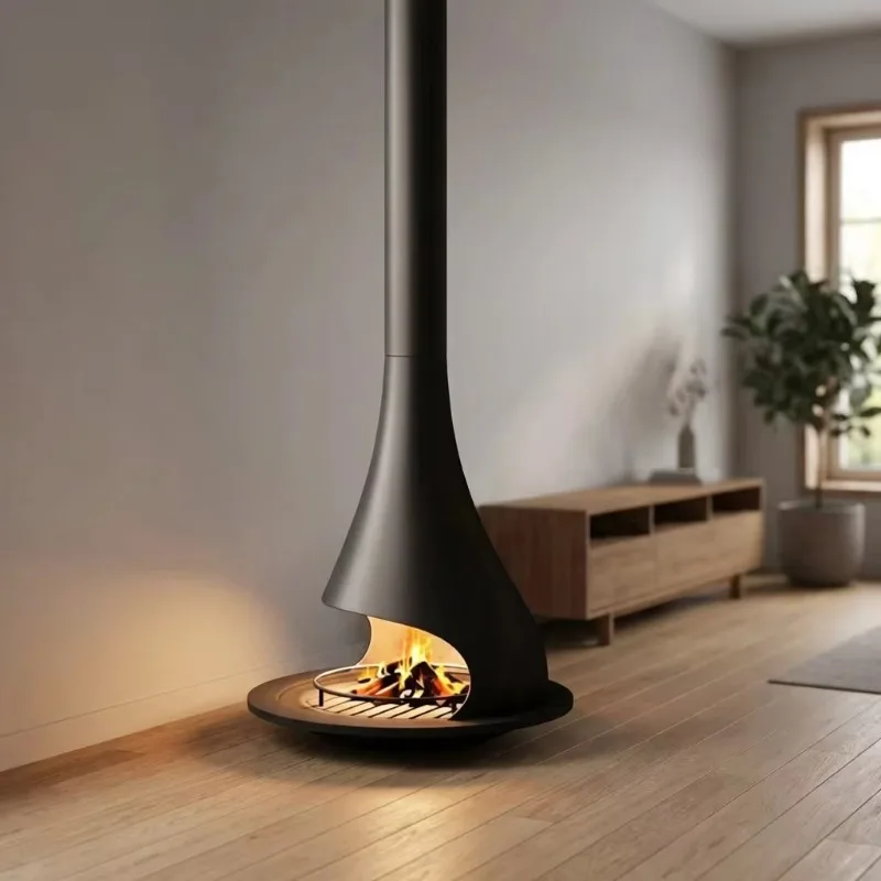 High-end Hanging Steel Real-flame Circular Fireplace Contemporary Design Smokeless Open Flame for Villas Homes-Heating xyl