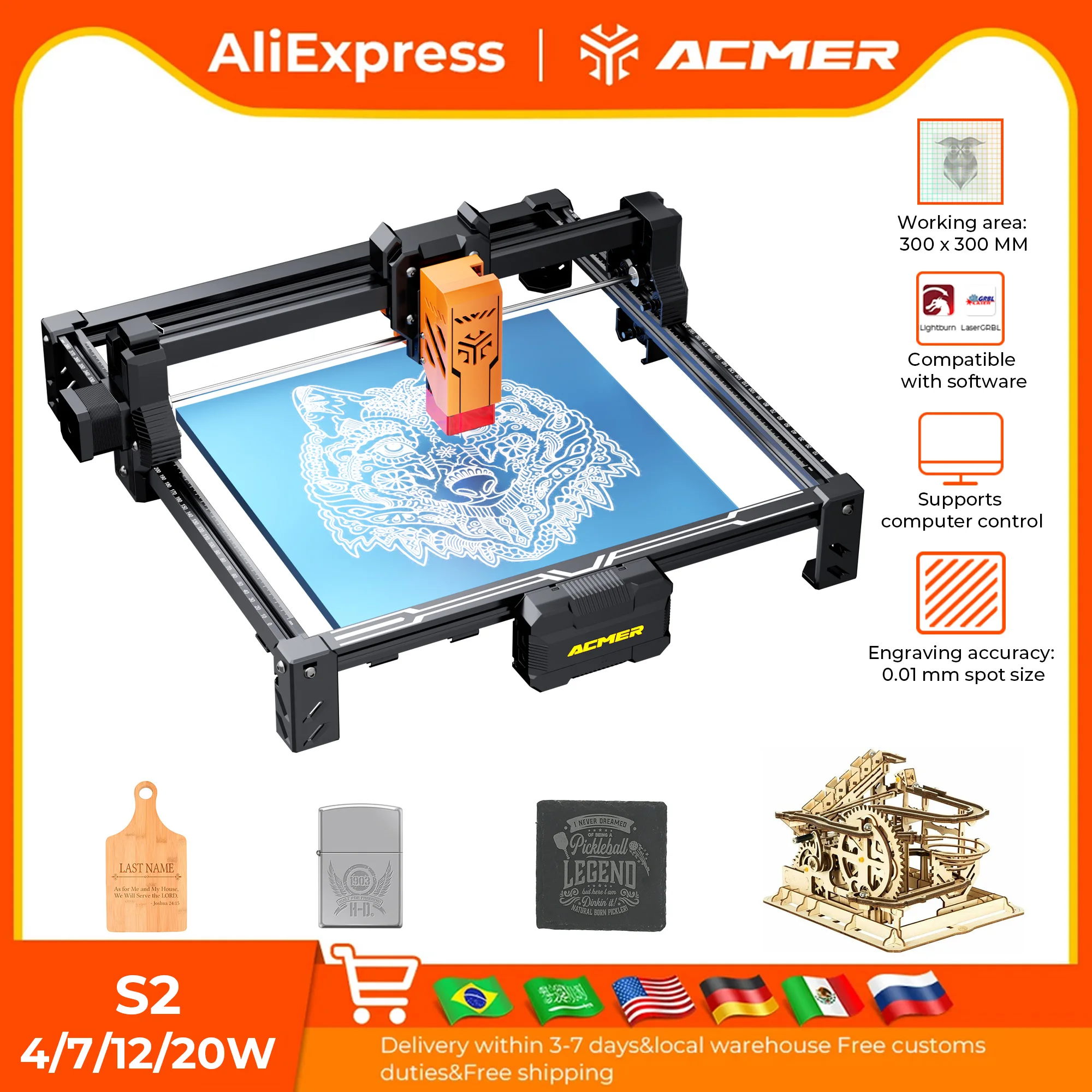 ACMER S2 Laser Engraver 12W 7W 4W Working Area 300*300mm Laser Engraving CNC Cutting Machine For Engravable Wood Lacquered Metal Christmas Valentine's Day Gifts Business Street Vending