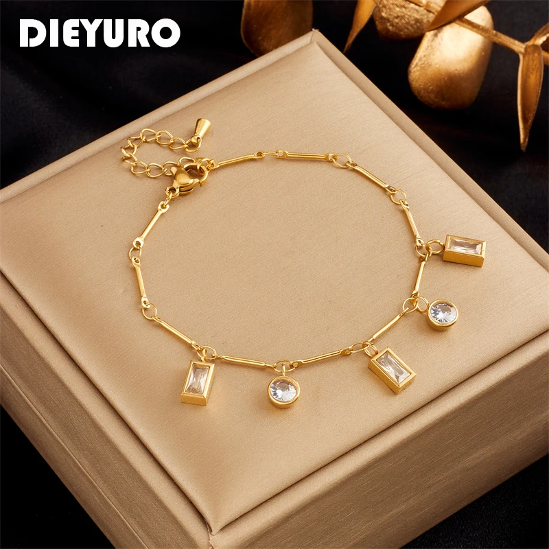 DIEYURO 316L Stainless Steel Geometric Square Round White Zircon Charm Bracelet For Women Fashion Girls Wrist Jewelry Party Gift