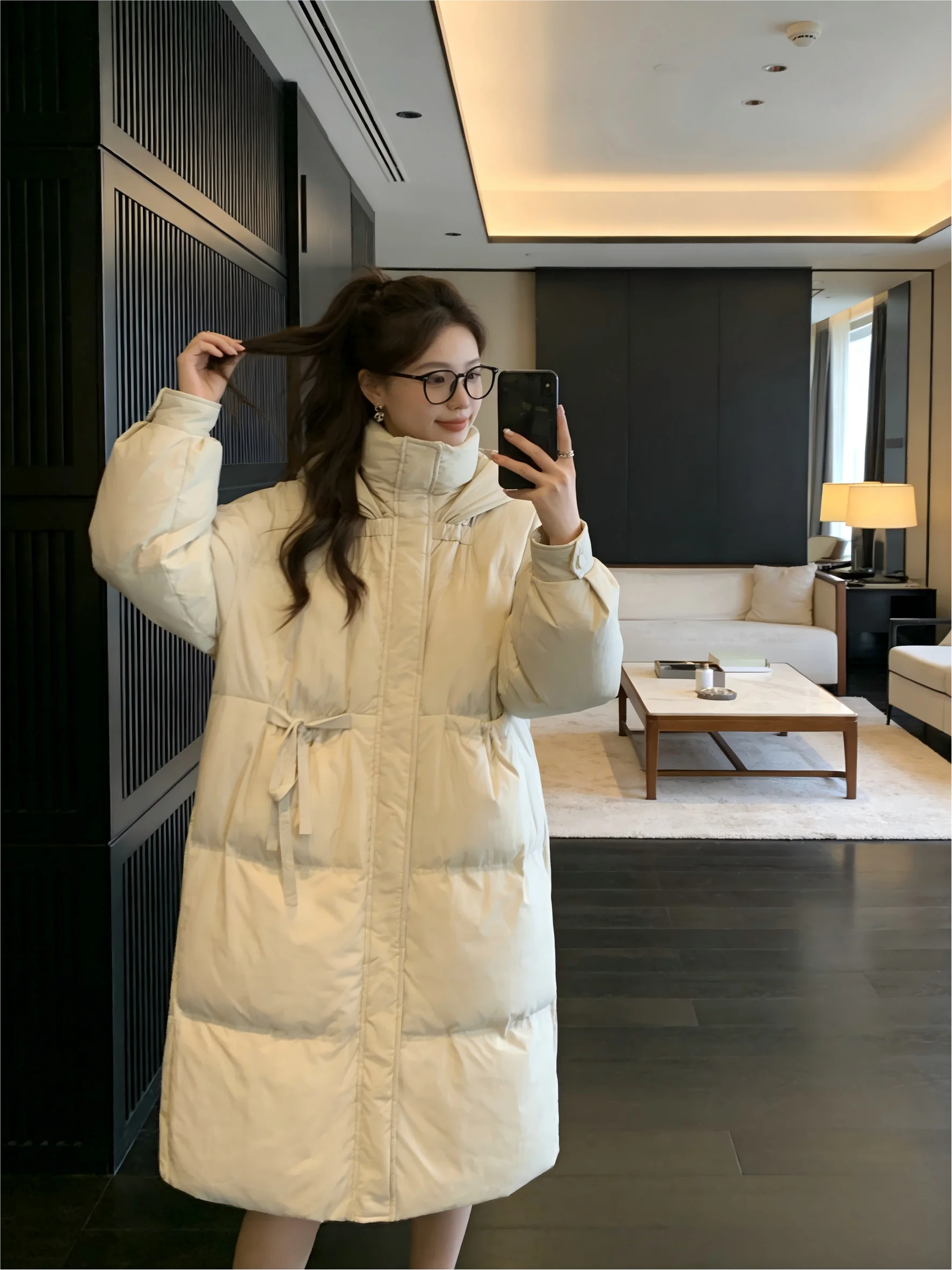 

Korean Sle Long Hooded Thiened Oversized Knee-Length down Jaet Warm Beige Ladies Coat Comfortable Cotton Outerwear