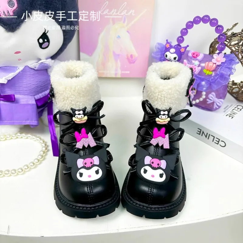 

Зимние теплые ботинки Kawaii Kuromi Sanrio для студентов с милыми героями мультфильмов, детские нескользящие непромокаемые ботинки, обувь на плоской подошве, подарок для детей
