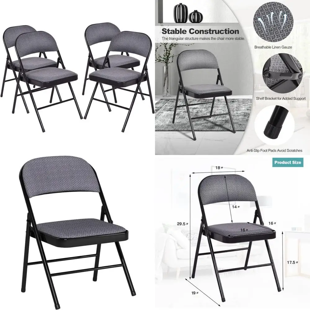 Paquet de 4 chaises de salle à manger en tissu avec structure en métal, sièges rembourrés, coussinets antidérapants, pliables pour un rangement facile