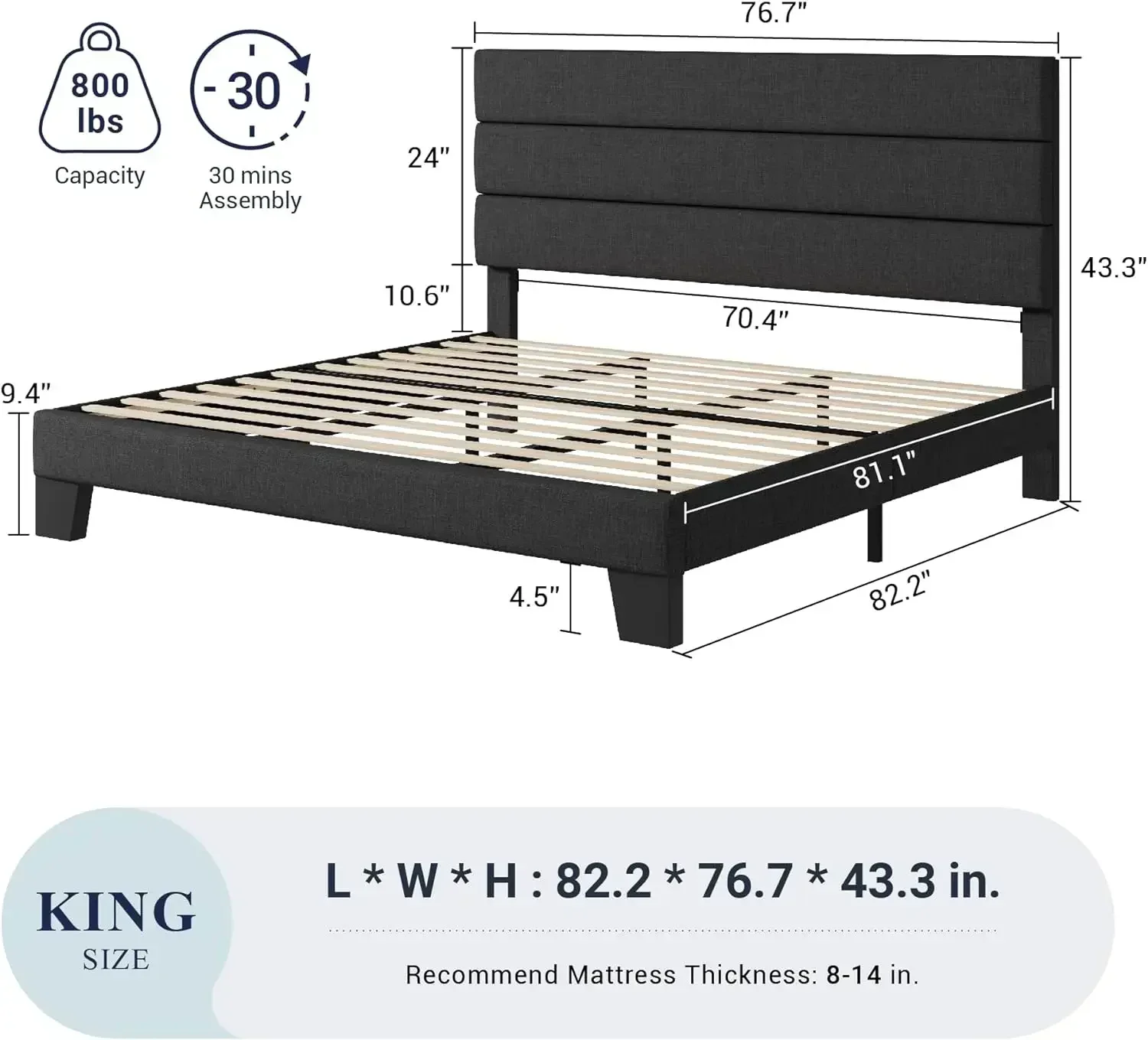 Allewie King Bed Frame Platform Bed with Fabric Upholstered Headboard and Wooden Slats Support, Fully Upholstered Mattress Found