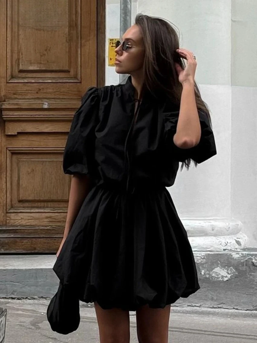 

DINADD Fashion Loose Black Cotton Women's Dress 2025 Summer Stand Collar Short Sleeve Mini Dresses Elegant Pleated Female Dress