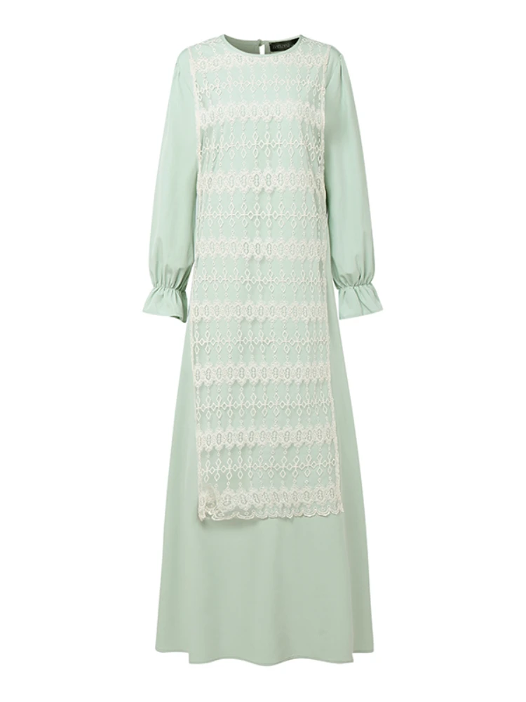 

ZANZEA Woman Solid Eid Dresses Loose Casual Hijab O-Neck Lace Patchwork Islamic Long Abaya Robes Muslim Long Sleeve Modest Dress