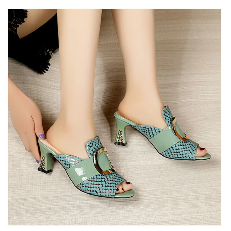 Summer New Water Diamond One Line Drag Square Head Open Toe High Heel Thick Heel Fish Mouth Women\'S Slippers