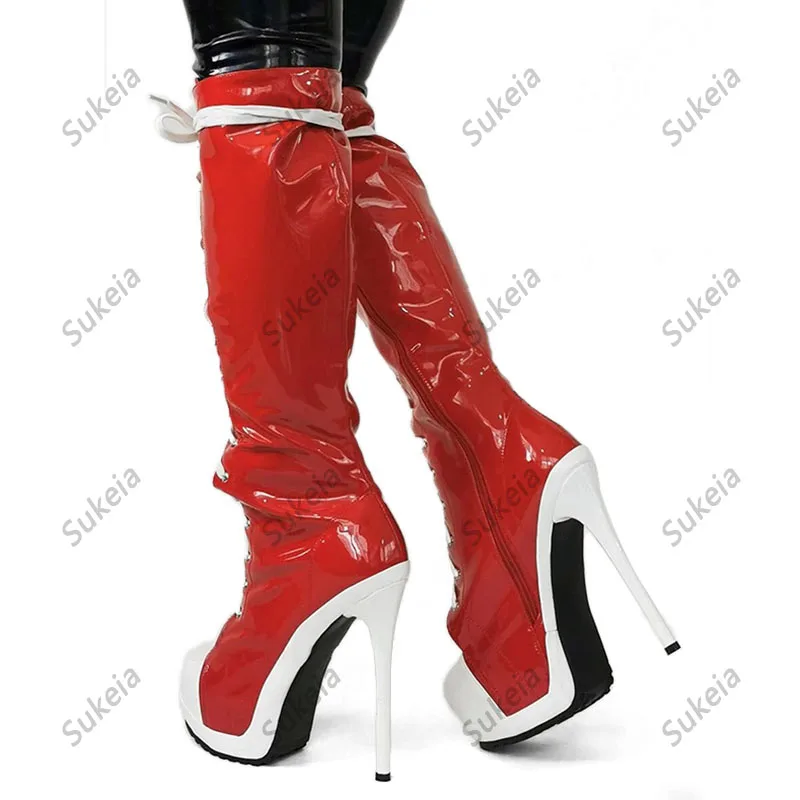 

Sukeia Женские зимние сапоги ручной работы на блестящем тонком высоком каблуке с круглым носком Красивые красные розовые клубные туфли Женские американские большие размеры 5-20