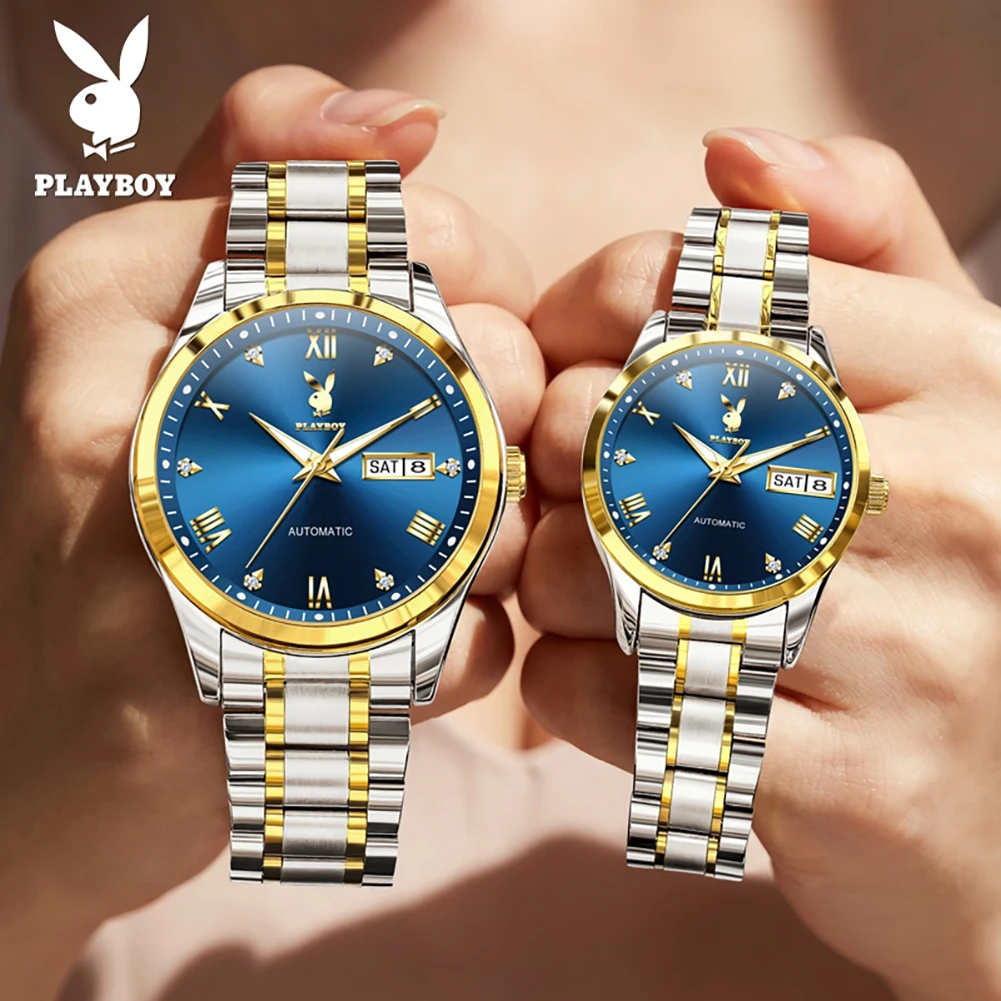 PLAYBOY 3901 Couple Watches Automatic Mechanical Wristwatches Luxury Waterproof Luminous Dual Calendar Diving Watches For Couple