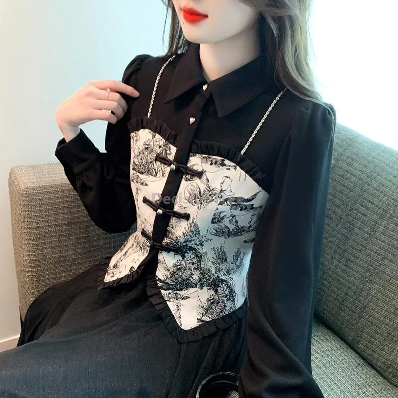 Fashion women faux two-piece vintage patchwork shirt spring autumn Chinese style long sleeve top daily buckle blouse