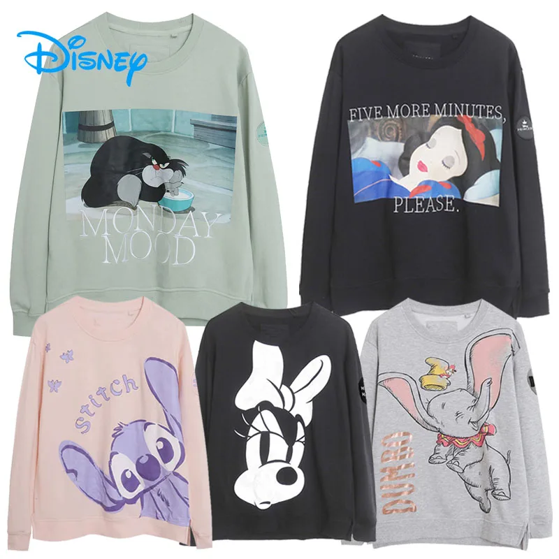 Disney Princess Cinderella Snow White Sweatshirt Women Casual O Neck Fleece Pullover Tops Lucifer Dumbo Stitch Cartoon Jumper