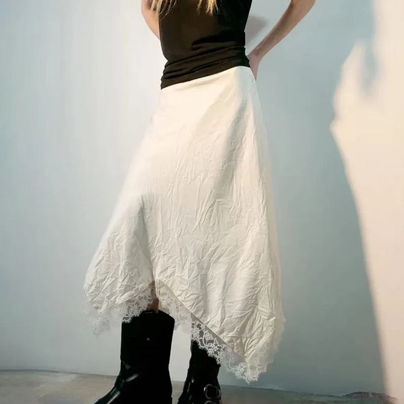 Spring and Summer Women's High Waisted A-Line Loose Skirt for Daily Versatile Commuting Women Lace Splice Irregular Long Skirt