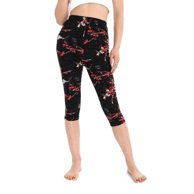 K481 European and American Fashion Style Elegant Plum Blossom Pattern Seven Point Leggings Casual Vacation Fitness Pants