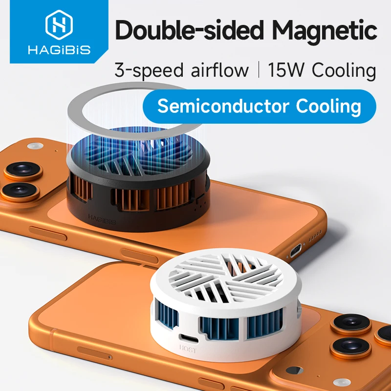 Cooler Magnético para Celular Hagibis, Ventilador Magnético de Dupla Face para Resfriamento de Celular, Radiador para Jogos e Transmissões ao Vivo, iPhone 17 Pro