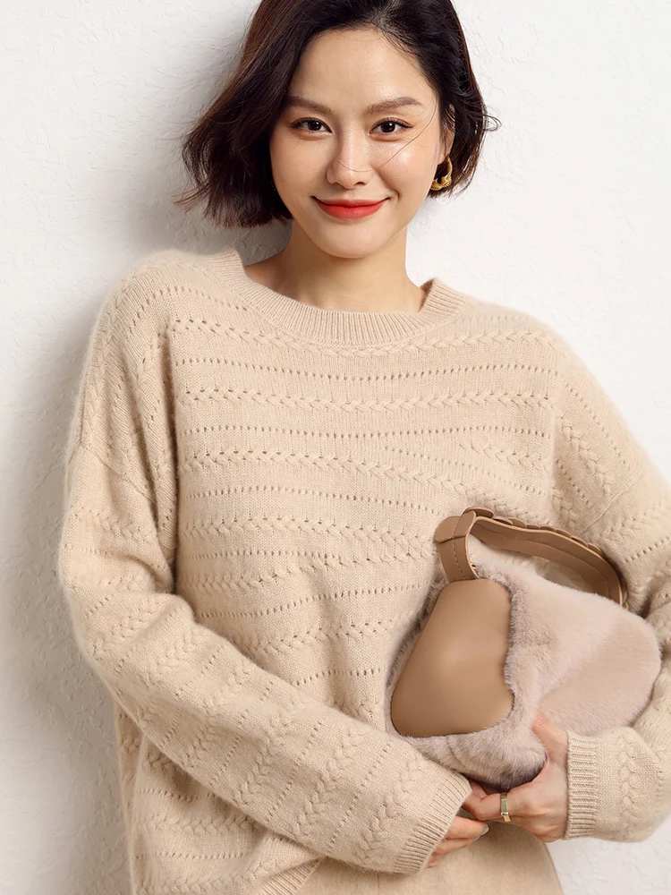 

Chic Autumn Winter Sweater For Women Pullover 100% Cashmere Sweater Loose Fit Hollow Jacquard O-Neck Cozy Solid Female Clothing