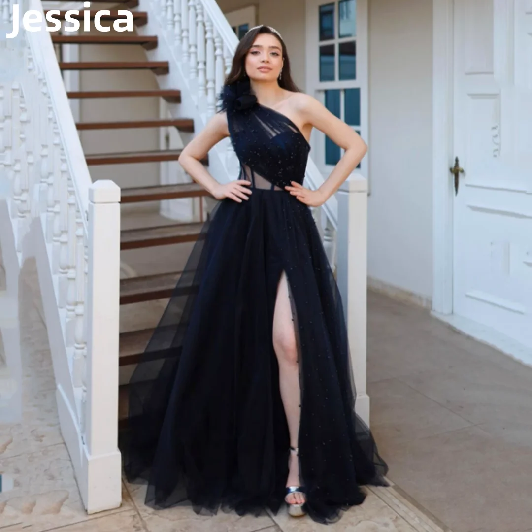 

Jessica Black Tulle Pearls Prom Dresses Sexy Shoulder And Side Slit Evening Dresses 2024 Formal Occasions Graduate Party Dresses