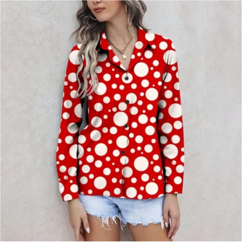 New women's long sleeved shirt top paired with elegant polka dot pattern personalized street commuting style casual womens shirt