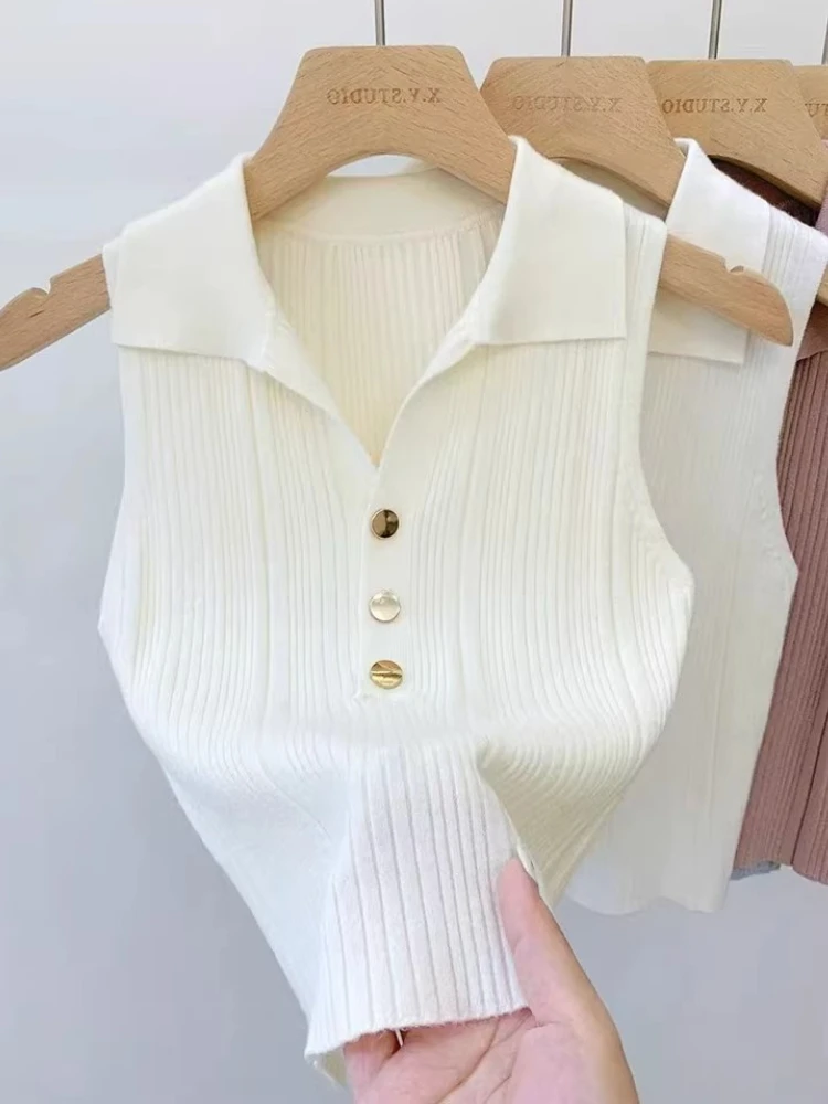 Zjaiss 2026 Frühling Sommer Schlankes Vielseitiges Camisole Damen Polo-Kragen Tanktop Weste Eisseide Strick Ärmellose Oberteile