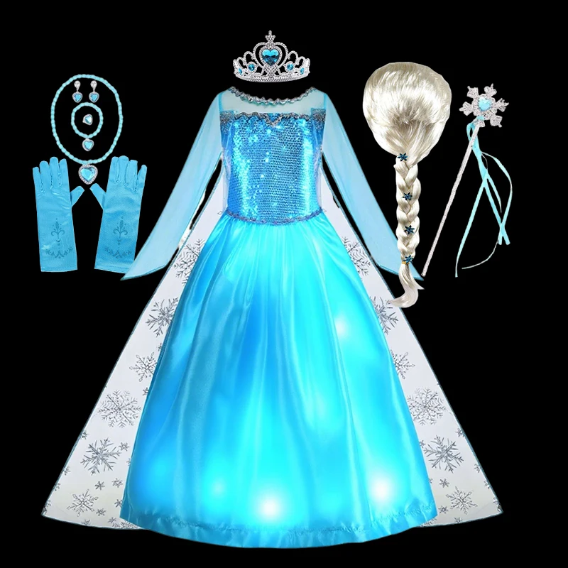 

Новое светодиодное платье с пайетками «Холодное сердце» Эльзы, детская синяя одежда Снежной королевы, карнавальные костюмы для девочек, платье для выпускного вечера, 12 лет